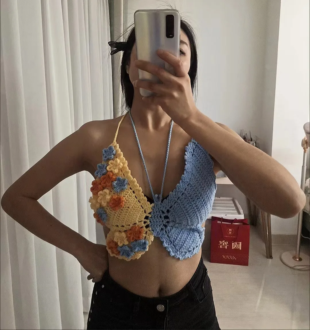 女の子のためのヴィンテージクロップトップ、かぎ針編みのニット