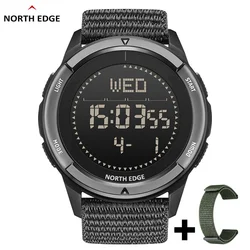 NORTH EDGE Men's Waterproof Digital Sports Watch with Carbon Fiber Case and Nylon Strap, featuring Alarm Clock and Compass (Black - Green - Strap)