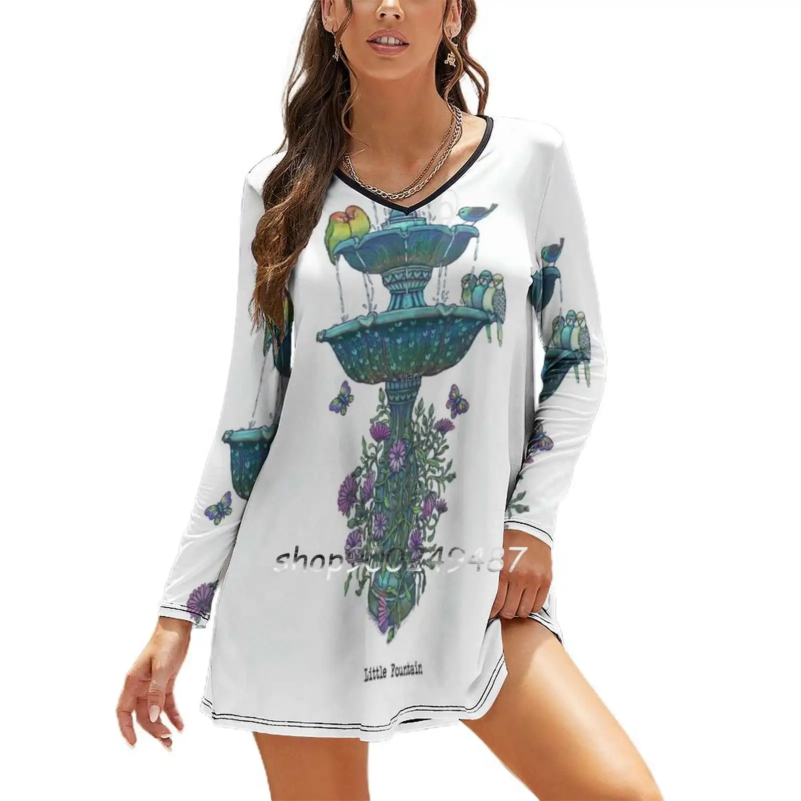 

Little Fountain Long Sleeve Sexy Dresses For Women 2022 Ladies Vintage Elegant Party Dress Water Fountain Birds Love Hearts