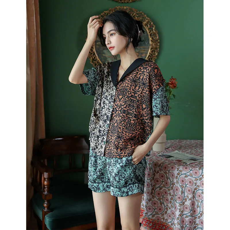 Floral pajamas women's shorts short-sleeved two-piece new fashion women pijama  سكسي نيك