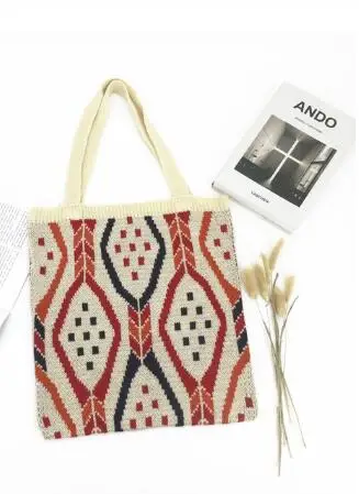 Lady Knitting Gypsy Bohemian Boho Chic Aztec Tote Bag Women Crochet Woolen Open Shopper Top-handle Bag 2021Female Daily Handbag 