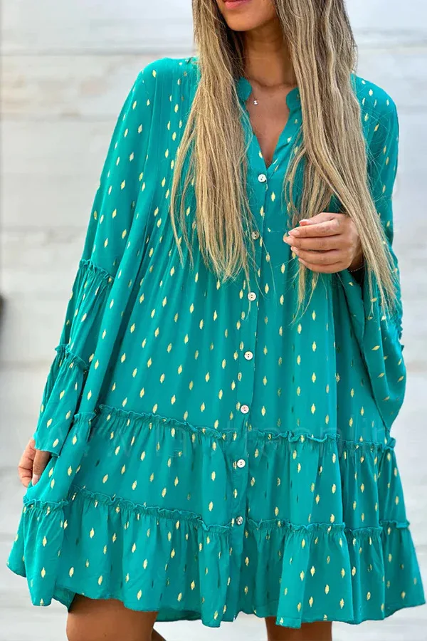

Women's Mini Dresses 2023 Summer Fashion Solid Vintage V Neck Loose Lace Up Dress Female Casual Long Sleeve Beach Dress Vestidos