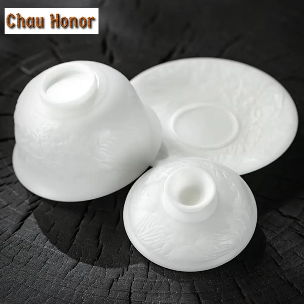200ml Boutique Ice Seed Jade Porcelain Gaiwan Handmade Relief Carving Landscape Tea Tureen Tea Maker Cover Bowl Drinkware Craft