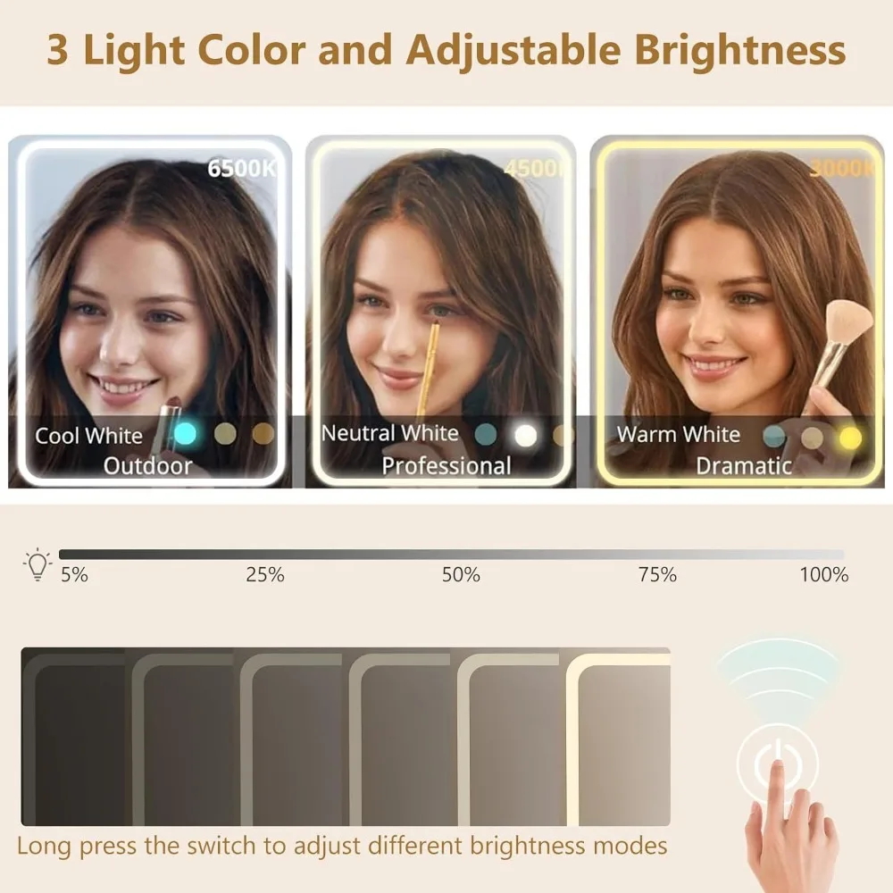 47" Large Vanity Desk with Mirror and Lights, LED Black Vanity Set with Stool and Power Outlet, Lighted Make up Vanity Desk with