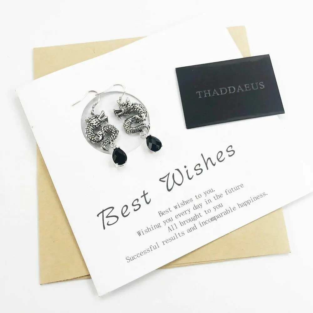 

Chinese Dragon Hook Drop Earring With Black Stone Pave 925Sterling Silver Unisex