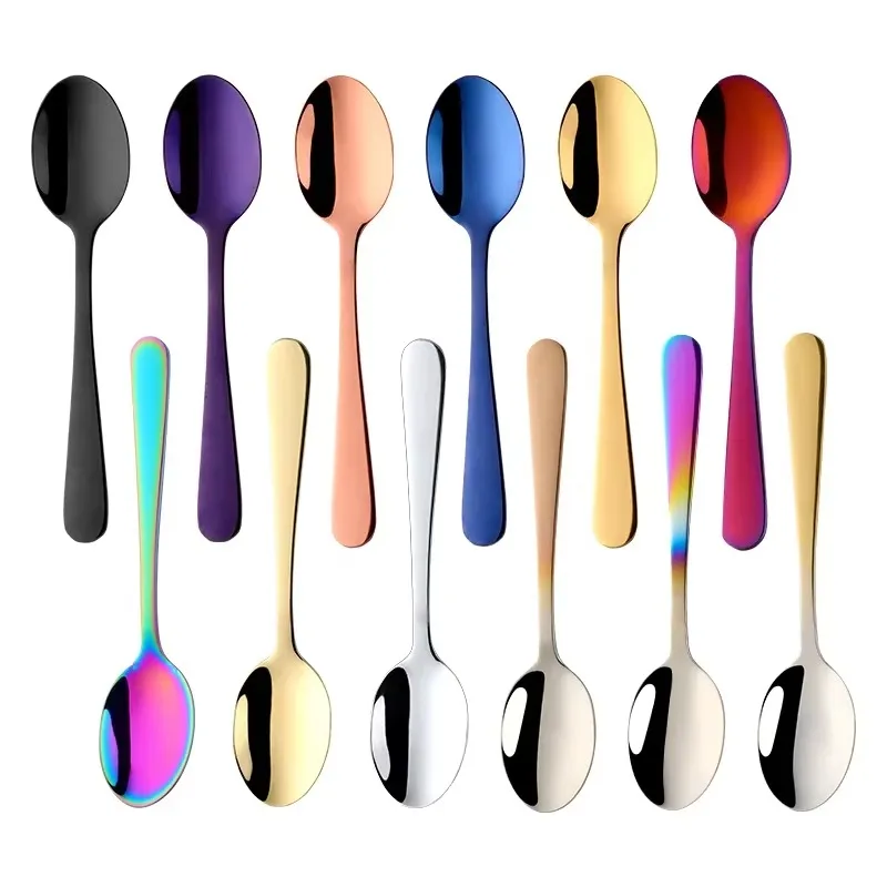 1PC Colorful Stainless Steel Korean Dessert Spoon Gold Silver Coffee Spoon with Long Handle Ice Cream Mixing Tea Spoon Tableware