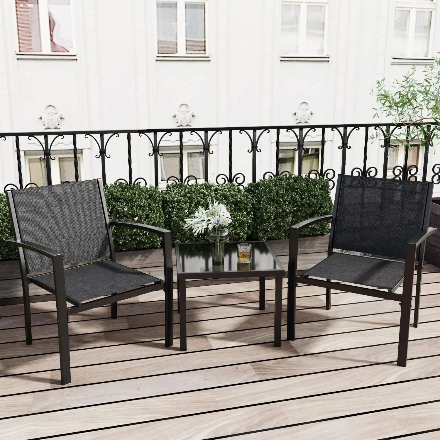 Greesum 3 Pieces Patio Furniture Set Outdoor Conversation Textilene Fabric Chairs for Lawn, Garden, Balcony, Poolside with A Gla