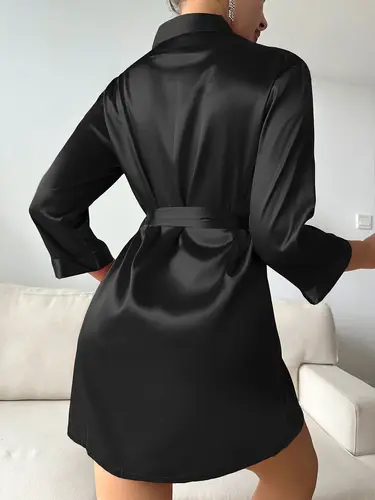 Womens Solid V Neck Robe with Belt Thin Comfortable Bathrobe Elegant Sleepwear Fashion and Casual Pajamas for Bridal and Home - Image 2