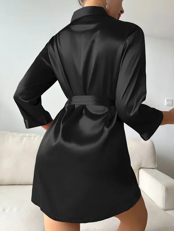 Womens Solid V Neck Robe with Belt Thin Comfortable Bathrobe Elegant Sleepwear Fashion and Casual Pajamas for Bridal and Home - Image 2