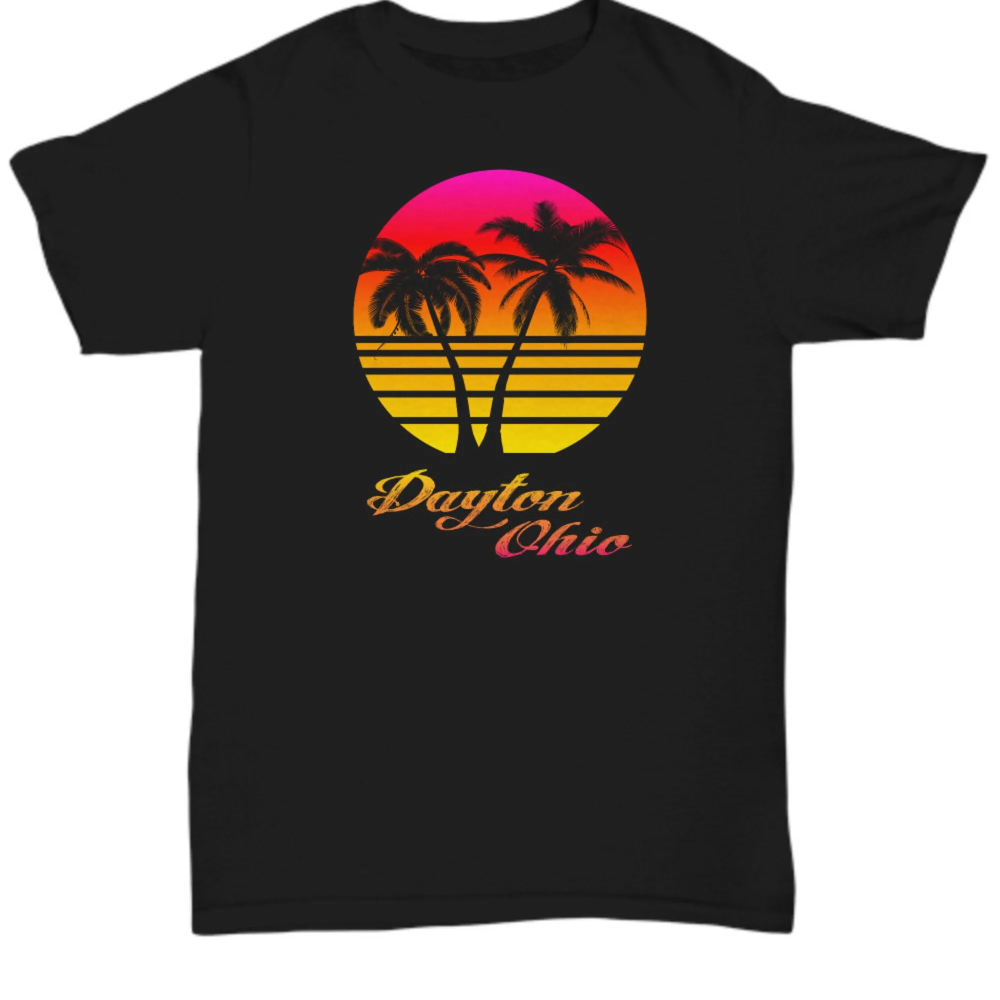 Maglietta Girocollo Dayton Ohio Palm Tree Sunset Più Colori Disponibili Maniche Lunghe O Corte