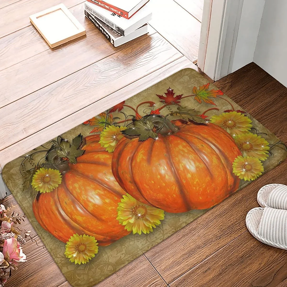 

Thanksgiving Day Pumpkin Harvest Doormat Modern Bedroom Kitchen Floor Mat Balcony Rug Door Mat Flowers Leaves Anti-slip Bath Mat