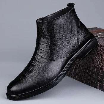 Genuine Leather Men Ankle Boots Casual Shoes Western Cowboy Boots Black Lace Up Wedding Office Dress Boots Men Business Shoes 1