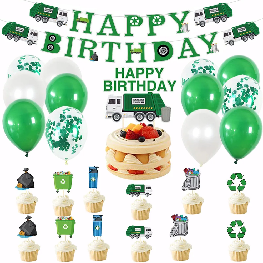 

32 Pcs Garbage Truck Party Decorations Cup Cake Toppers Trash Birthday Banner Truck Themed Balloons Waste Management Recycling