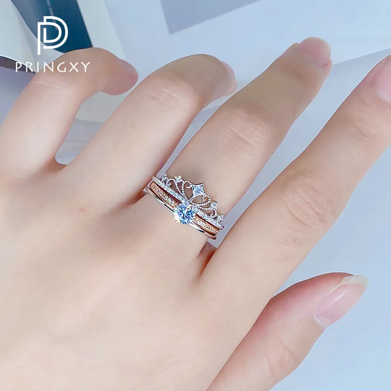 PRINGXY New Real D Color Moissanite Diamond 925 Sterling Silver Wedding  Crown Double Ring Engagement Queen Bands Fine Jewelry