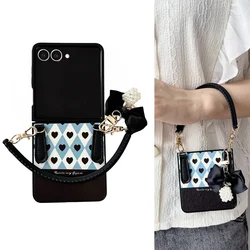 Love Heart Pattern Bow Wristband Case - Handheld Fold Silicone Soft Cover for Galaxy Z Flip5 (Black)