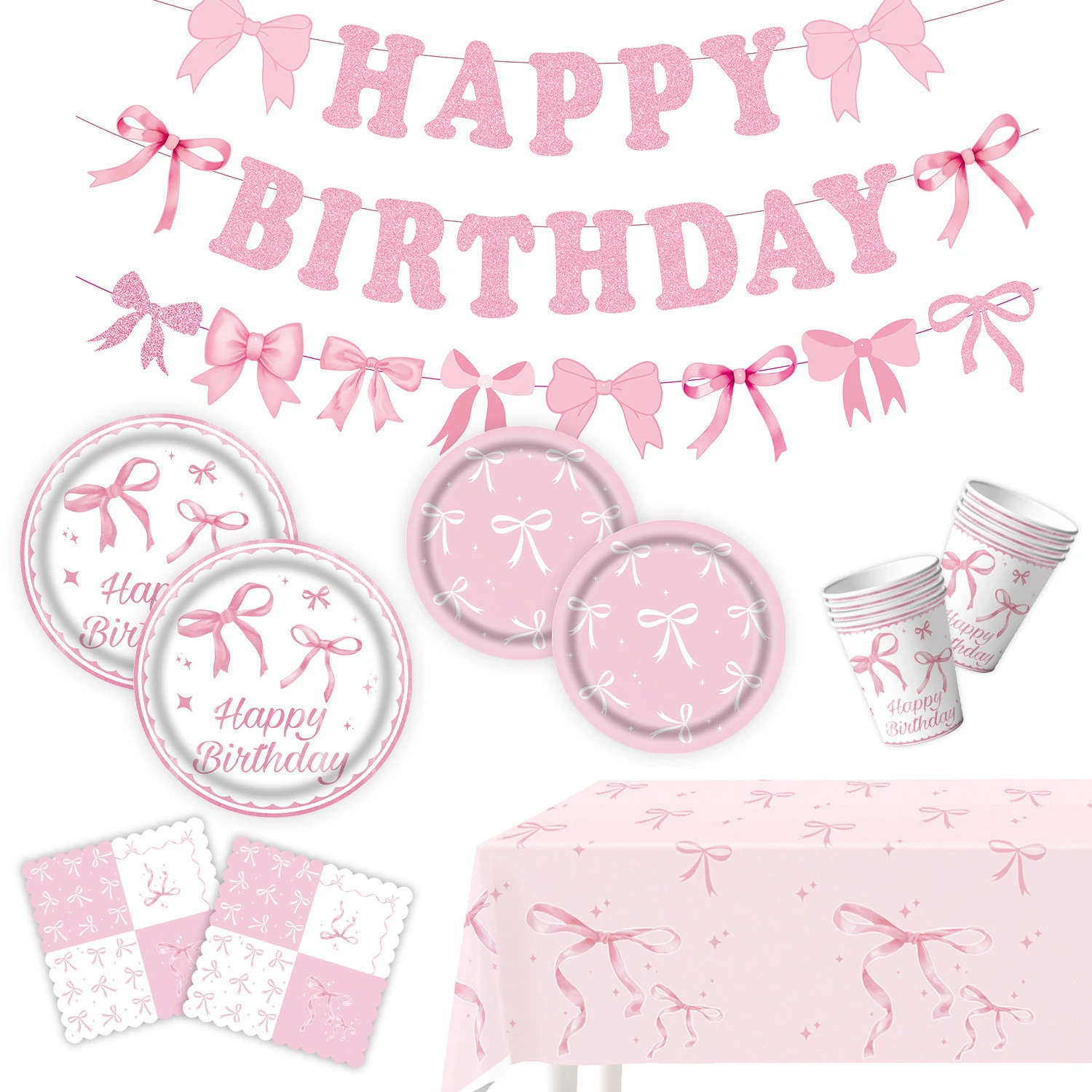Pink bow Birthday Disposable Tableware Set Paper Plates Cups Napkins Girls Party Decoration Supplies