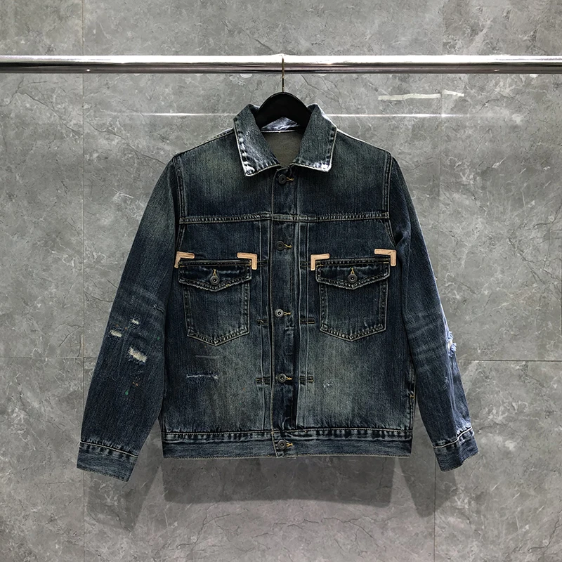 Denim Jacket Men's Retro Heavyweight Knife Cutting Patch Loose Tooling Jacket Fashion Casual Cotton Washing Denims Coat нож универсальный regent inox retro knife длина 150 265 мм