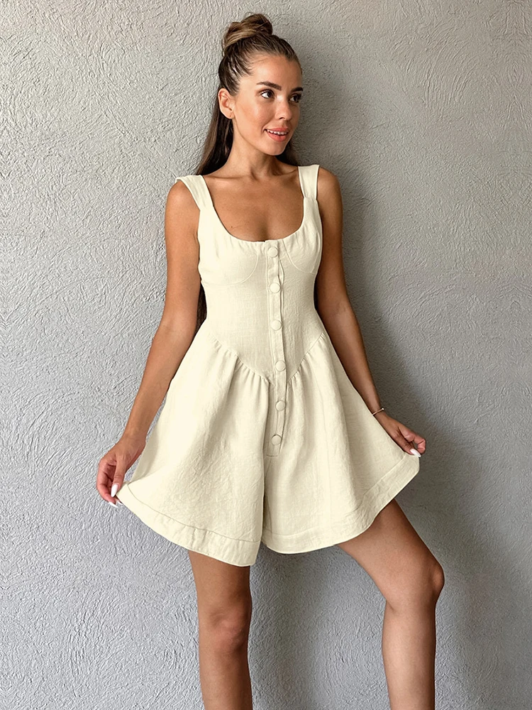 YAMIKO Khaki Cotton Linen Women Rompers With Shorts Button Tank Sleeveless Jumpsuits Office Ladies One Pieces Vacation 2024