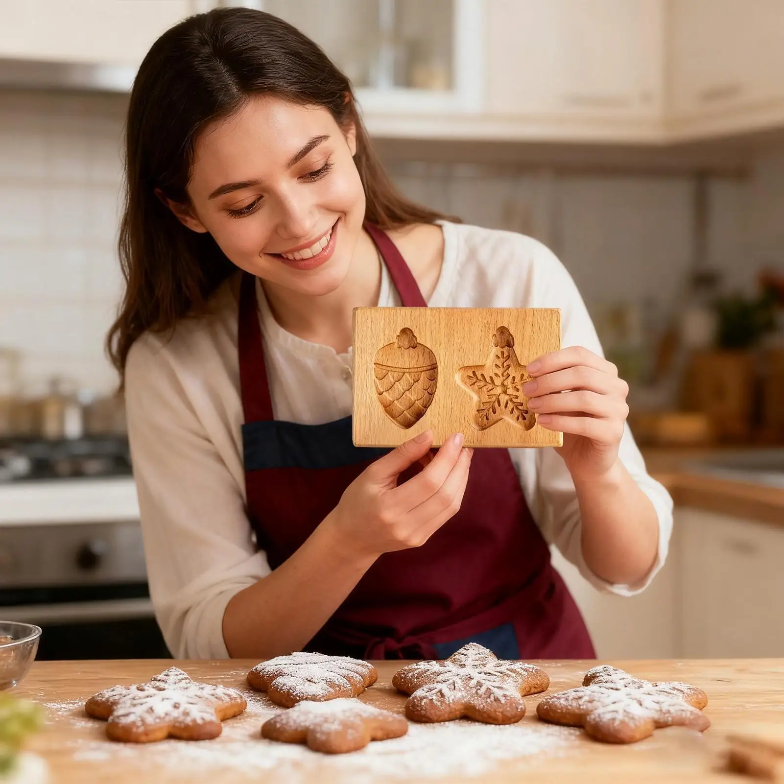 3D Realistic Cookie Stamps Mold Cookie Making Tool Decorative Baking Supplies Wooden Cookie Pine Nut Cutter Stamps For Christmas