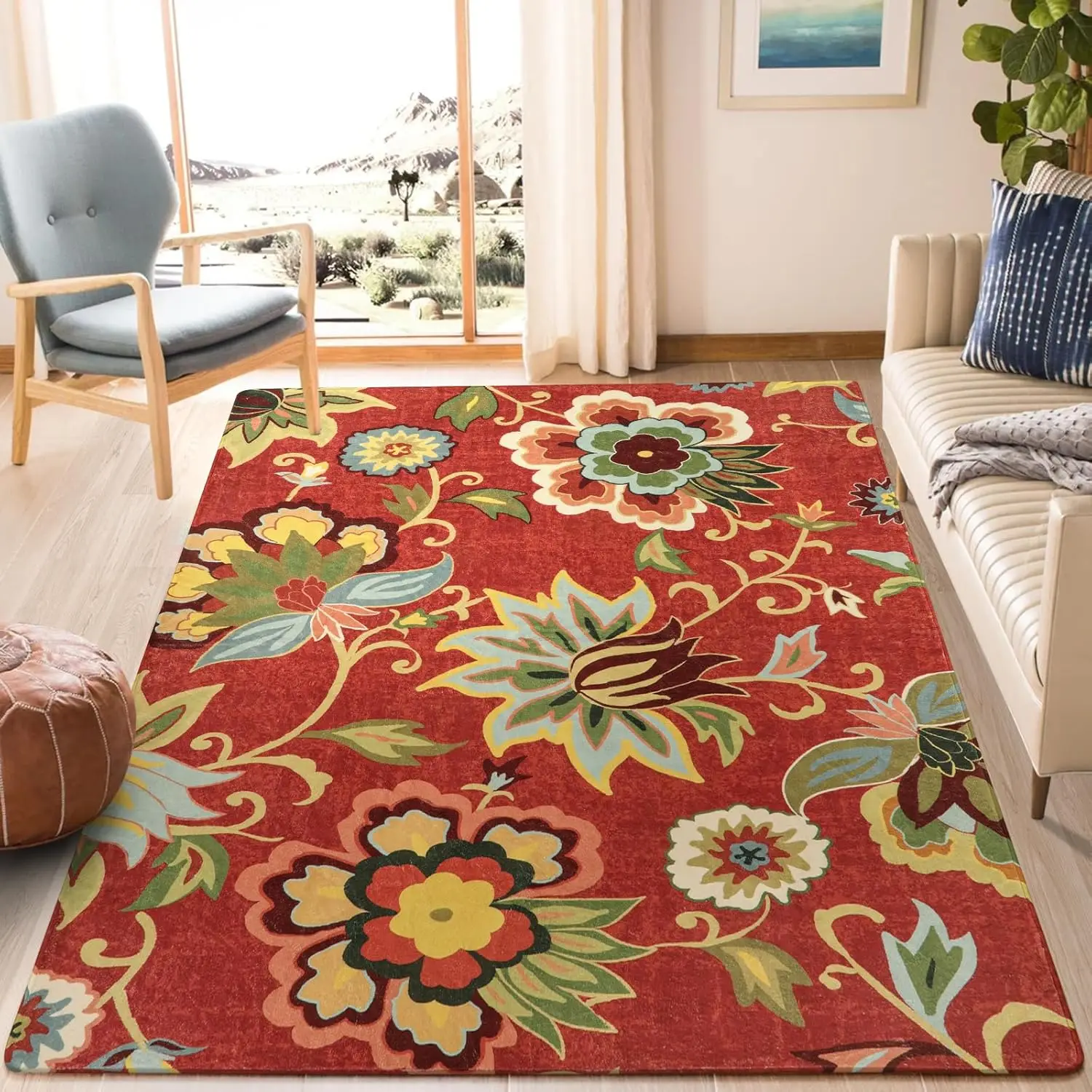 Lahome Floral Washable Living Room Area Rug - 3x5 Non-Slip Low-Pile ...