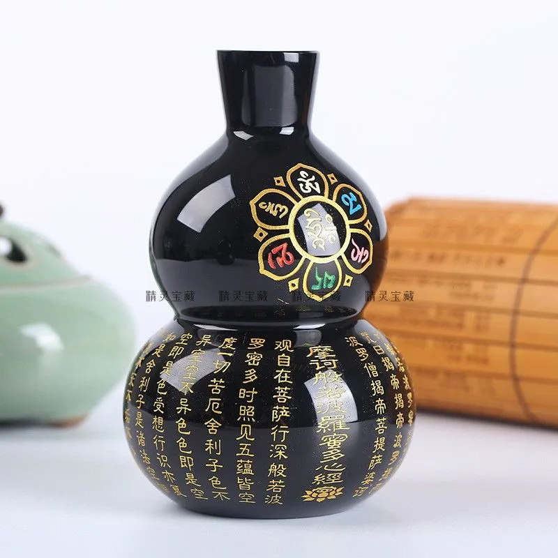 AAA+ 100% 8cm black obsidian Buddhism The six syllable Mantra Gourd black obsidian Om Mani Padme hum Buddhism Gourd buddhist 4