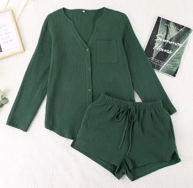 

Two Piece Sets Women Outfit Spring 2023 New Long-Sleeved Shorts Pajamas Double-Layer Gauze Cotton Fashion Home Service Set