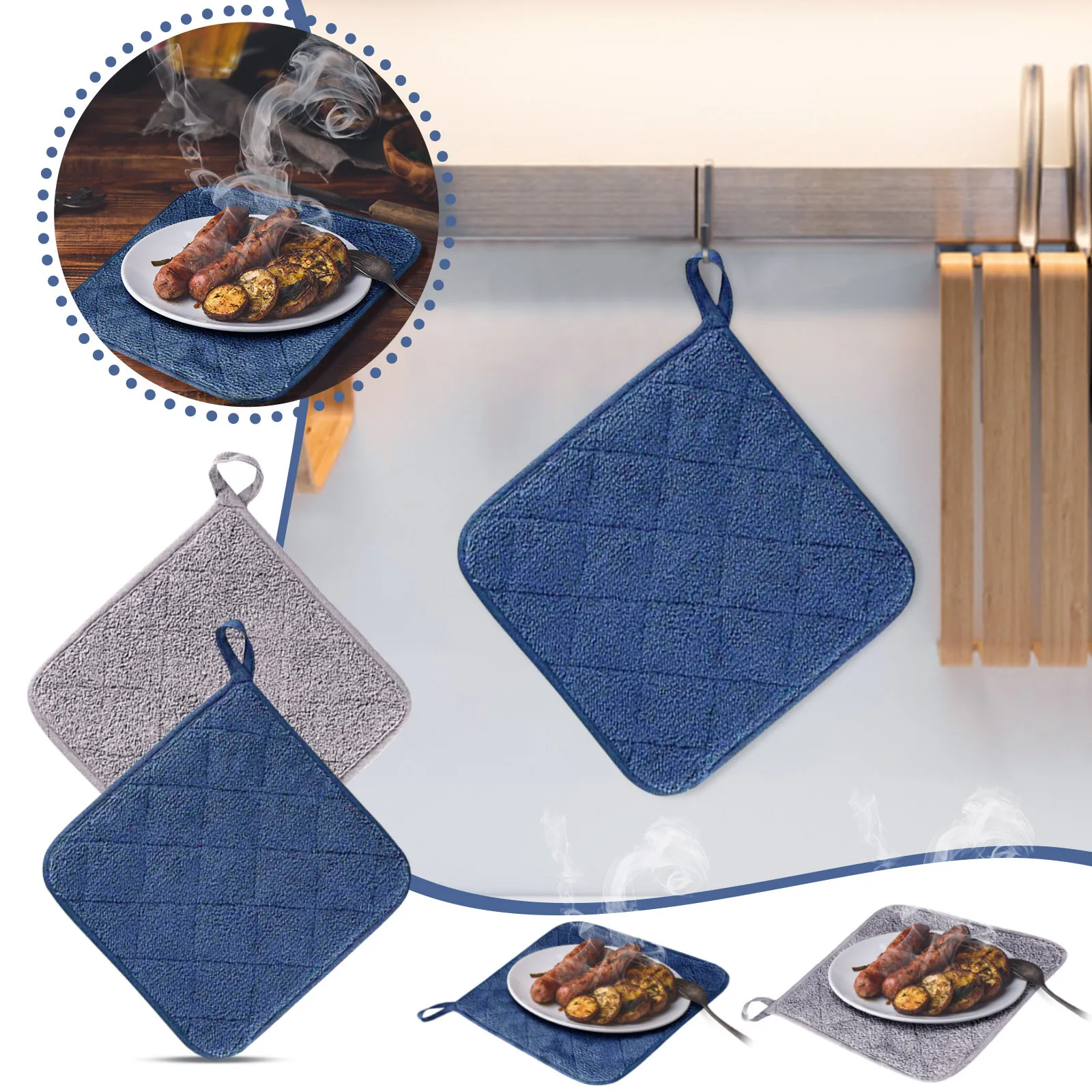 3Pcs Pot Holders Reusable Soft Polyester Kitchen Hot Pads with 2 Pocket Portable Washable Heat Resistant Oven Hot Pads