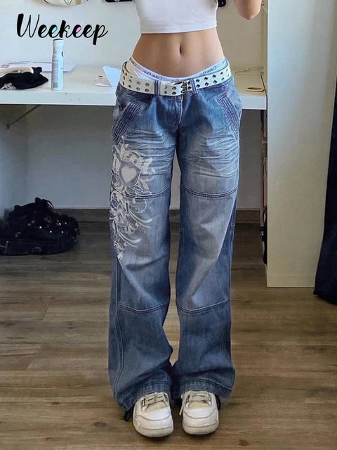 Weekeep Vintage Floral Print Baggy Jeans Women Low Waist Straight Denim Pants Harajuku Patchwork Trousers Female Y2k Streetwear