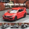 1/32 Honda Civic Type R Toy Car For Children Diecast Miniature Model Pull Back Doors Openable Sound Light Collection Gift Boys 1
