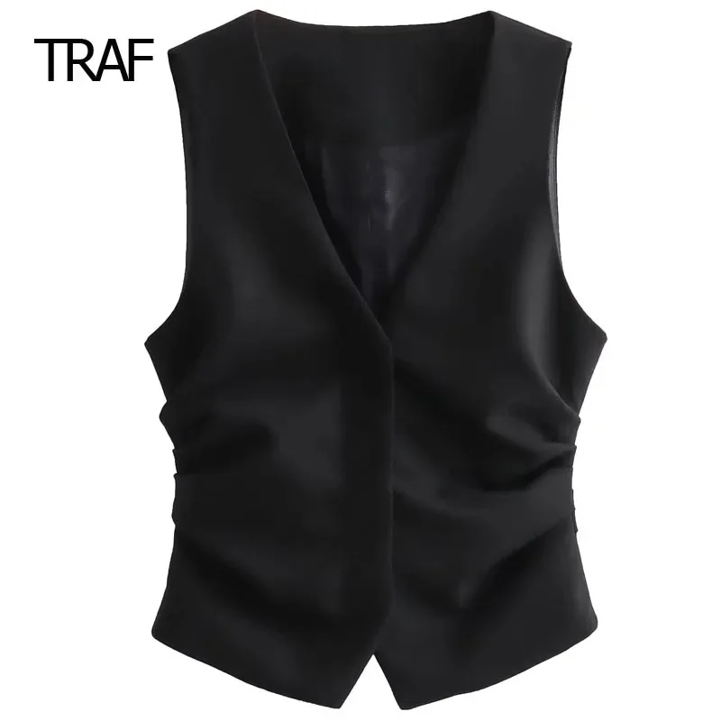 

TRAF Women Vest Autumn Winter Ruffle Black Vest V-Neck Sleeveless Waistcoat New In Outerwear Elegant Luxury Designer Coat Women