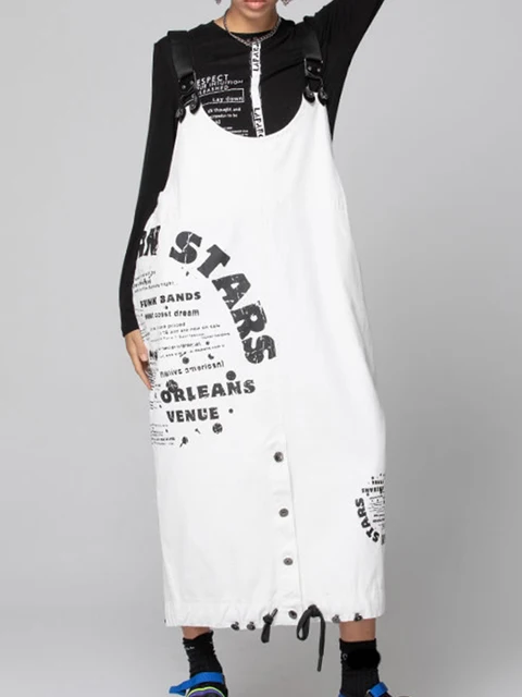 XITAO ג ינס כתפיות שמלת ניגודיות צבע שחבור מכתב הדפסת Loose אופנה מקרית נשים אביב כל משחק חדש נשים GWJ2836|Dresses|  -2