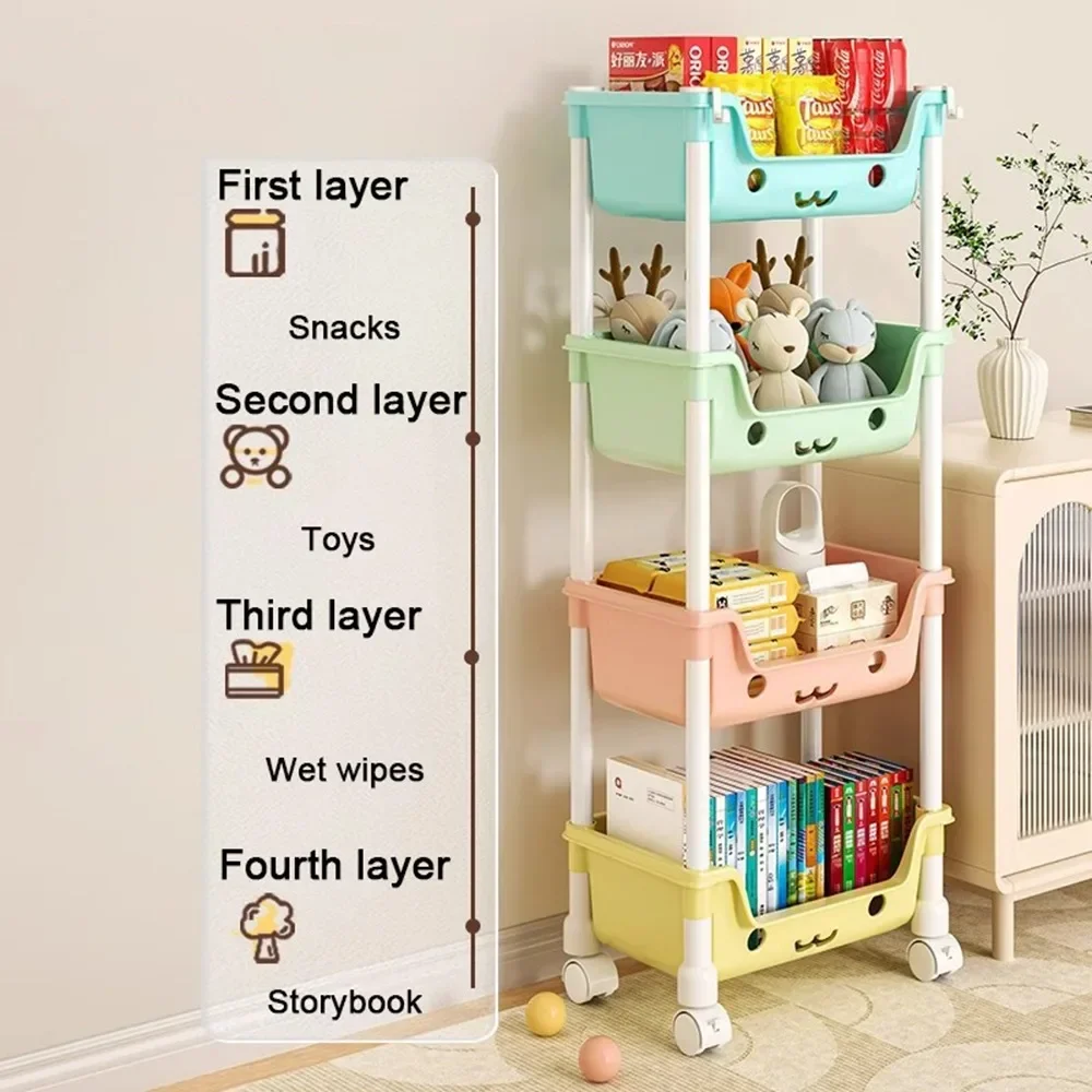 3/4 Tier Toy Storage Trolley with Wheels Bookshelf Snack Gap Mobile Cart Storage Racks for Children Kitchen Bedroom Organizers