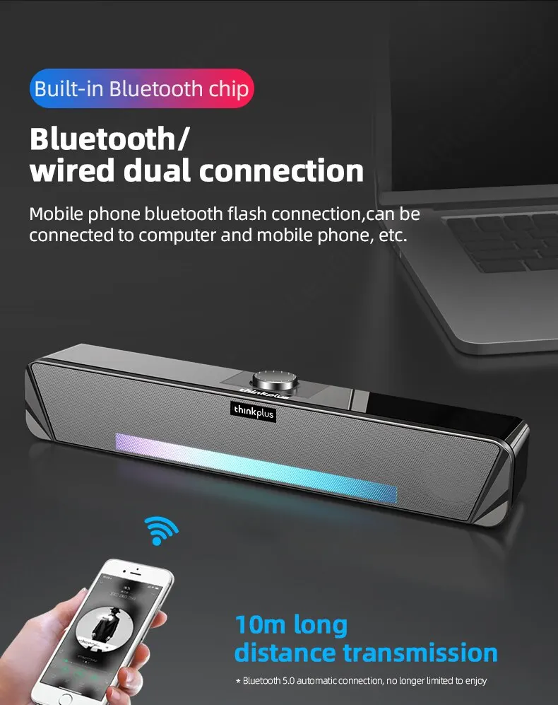 Originální kabel Lenovo Ts33 a reproduktor Bluetooth 5,0 Domácí film Surround Sound Bar Zvukový reproduktor pro stolní počítač Subwoofer