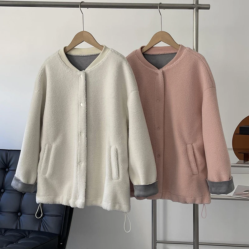 QOERLIN Double-Face Fur Jacket Coat Winter Thick Overcoat O Neck Long Sleeve Pink White Loose Casual Pocket Snap Button Coat