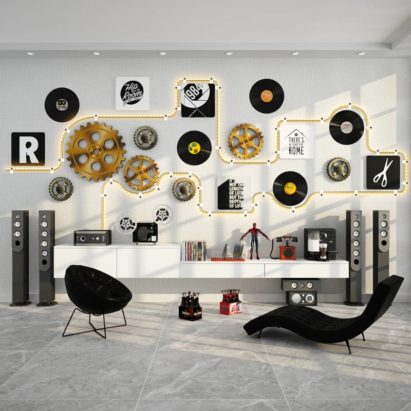 Retro Industrial Lighted Wall Art, Creative Gear & Record Combination, Bar or Pub Wall Decor, Unique Decoration for Lounge
