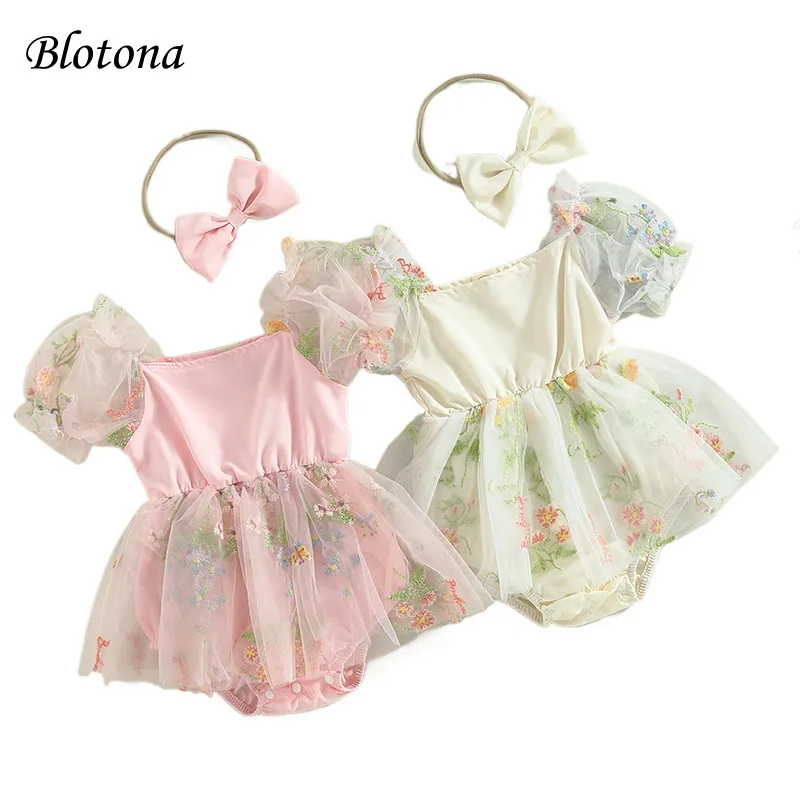 

Blotona Baby Girl 2Pcs Summer Outfits, Short Puff Sleeve Floral Romper Tulle Dress with Headband Set 0-24Months