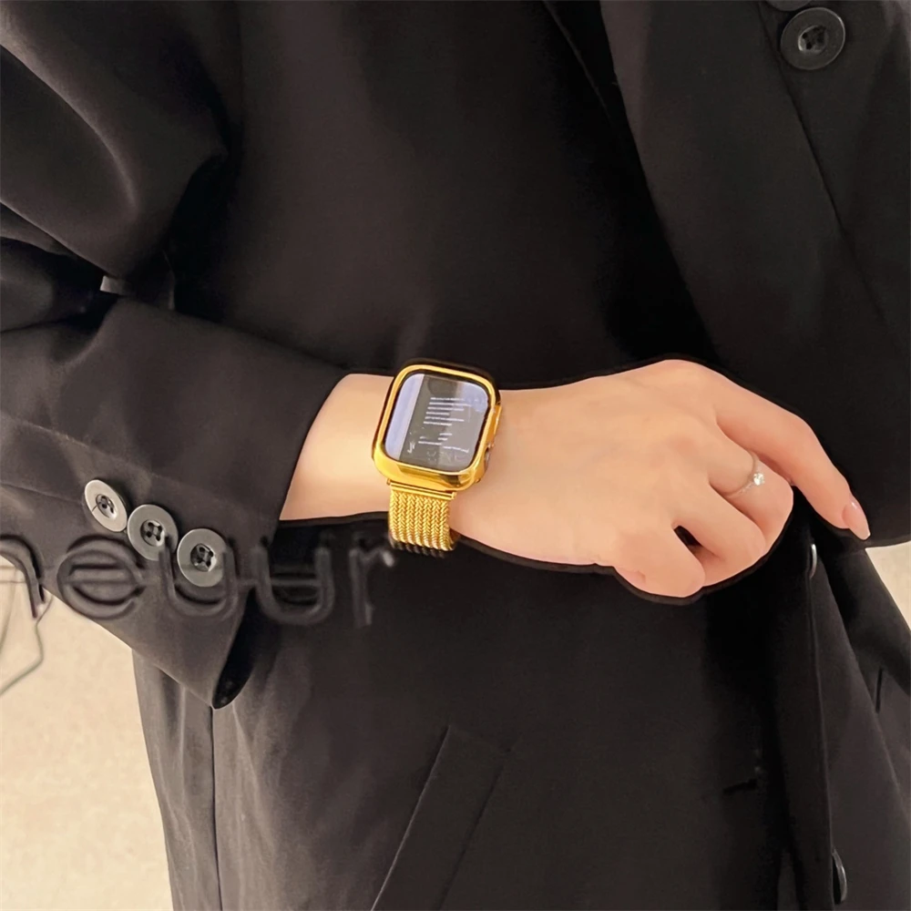 Apple Watch ステンレス バンド 44 45 ゴールド G28-a Stainless Steel Gold Watch Band Strap + Case For Apple Watch