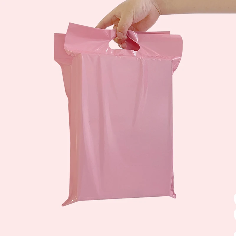 50Pcs 3 Sizes Totebag Light Pink Plastic Shipping Bags Hand Held Courier Envelope Packaging Supplies Mailing Bags with Handle