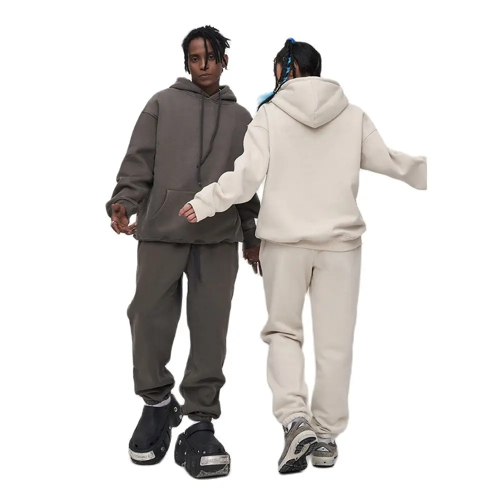 

New Casual Thickened Fleece Hoodies for Men Women Autumn Winter Solid Sweatshirt And Pants Street Hooded Clothes Green Apricot