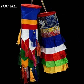 Bandiere colorate con nastro buddista, ciondolo cilindrico ricamato con Buddha, banner per ombrelli tibetani, decorazione da appendere, articolo buddista