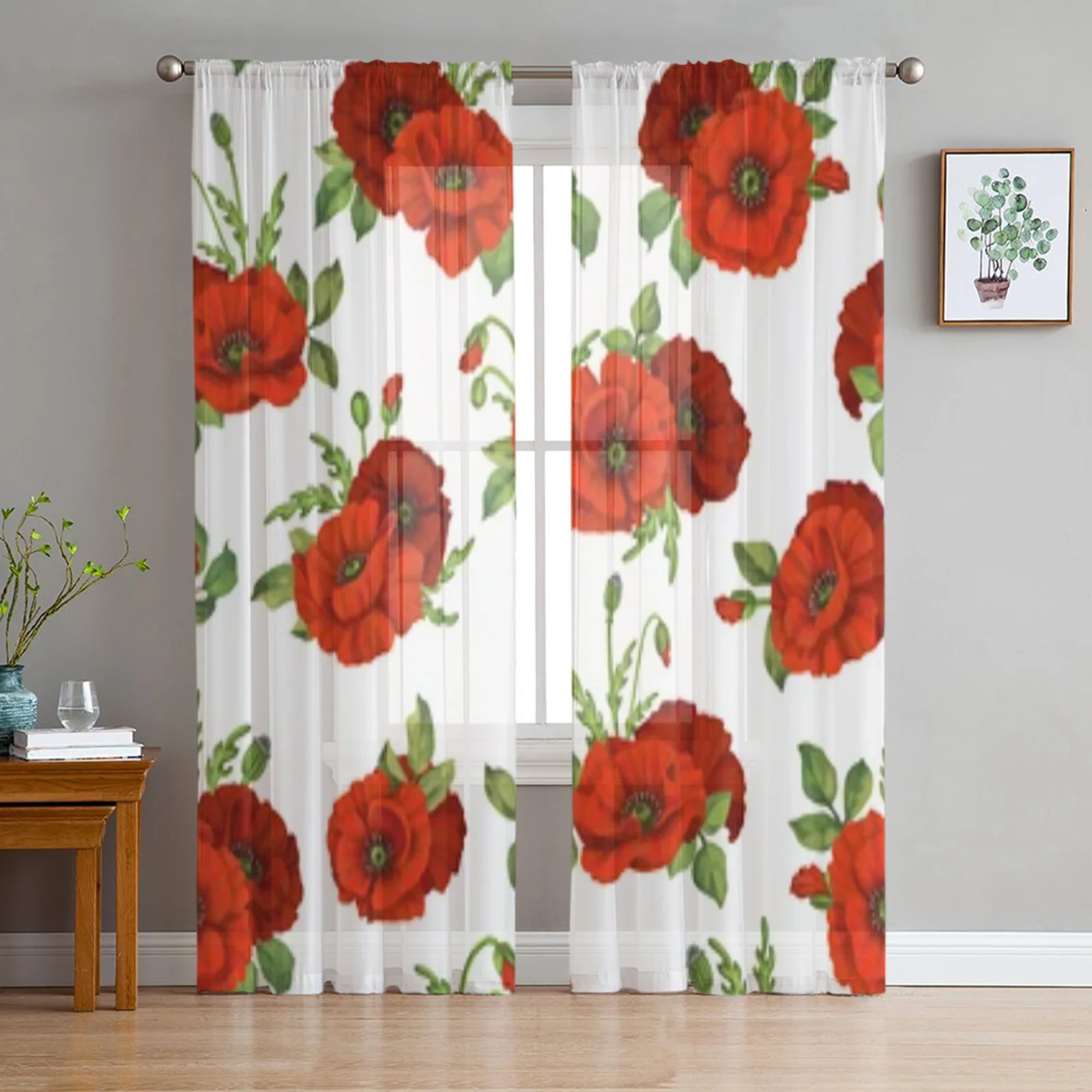 

Beautiful Poppy Floral Sheer Window Curtains For Living Room Bedroom Modern Voile Tulle Curtains Fabric Drapes For Kitchen
