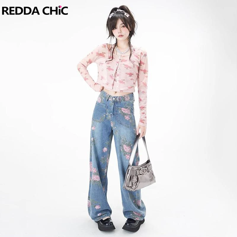 

REDDACHiC Aesthetic Printing Rose Baggy Jeans for Women Blue High Waist Loose Casual Wide Leg Pants Fairycore Retro Y2k Trousers