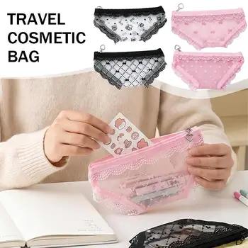 Borsa Cosmetica da Viaggio Portatile, Piccola Borsa Portaoggetti a Rete a Forma di Slip, Borsa per il Trucco Leggera con Cerniera e Rifinitura in Pizzo
