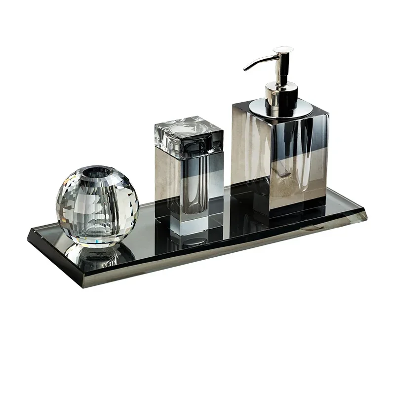 Light Luxury Crystal Glass Bathroom Accessories Set Shampoo Bottle Cotton Swab Jar Storage Tray Hotels Bathroom Decor