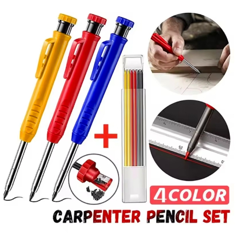 Metal Solid Carpenter Pencil Set with Refill Leads Built-in Sharpener Marker Marking Tool Sharpener for Carpenter Woodworking