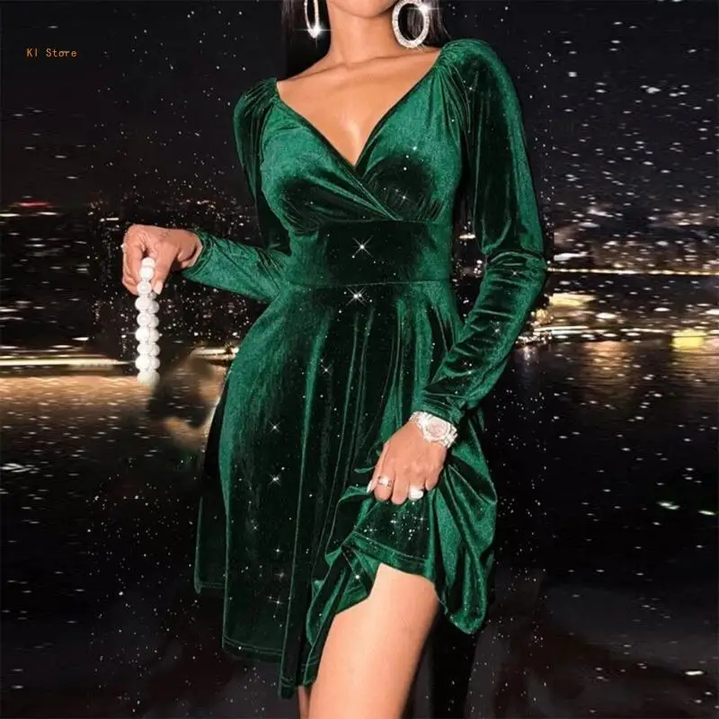 

Women Sexy Ruched Wrap V-Neck Long Sleeve Midi Dress Solid Color High Waist A-Line Flared Christmas Cocktail Party Dress