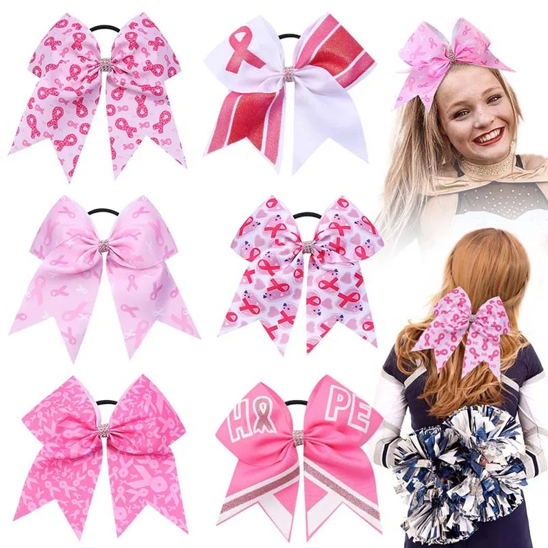 20Pcs Breast Cancer Awareness Hair Bows with Elastic Band For Women Girls Pink Cheer Hair Ties Ladies Ponytail Holder Headwear 2022 new silver glitter ombre cheer bow cheerleading dance hair bow 7 5inch hair bow with elastic rubber band hair accessories