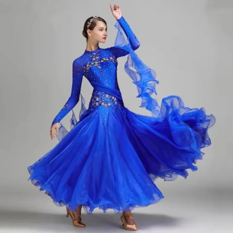 Red blue ballroom dance competition dresses waltz dance dress fringe luminous costumes standard ballroom dress foxtrot 9 color
