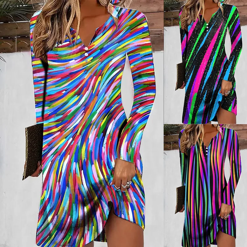 

2023 Autumn Winter Elegant Long-sleeved V-neck Buttons Dress Women's Pullover Casual Loose Printed Daily Vacation Shirt Dresses