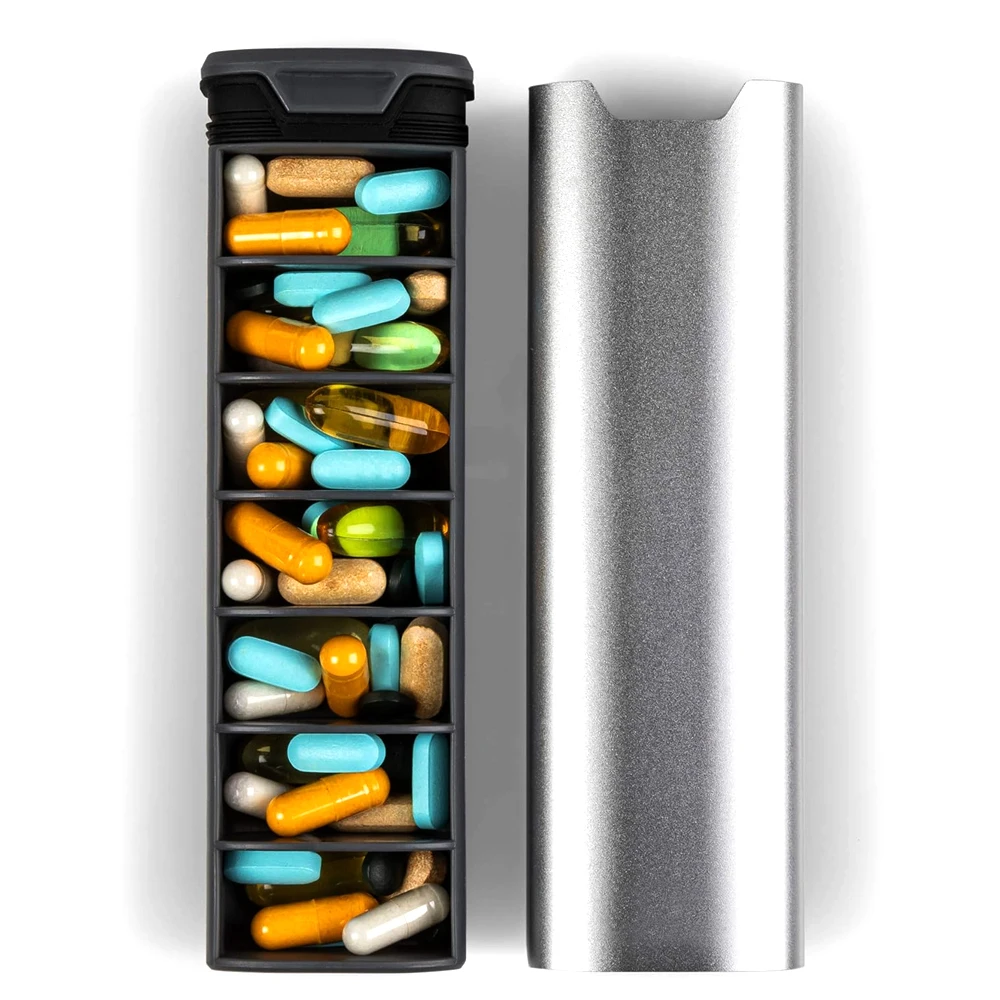 Weekly Pill Organizer - Premium Stylish Aluminum with Large Capacity for Supplements, Vitamins, and Medicine